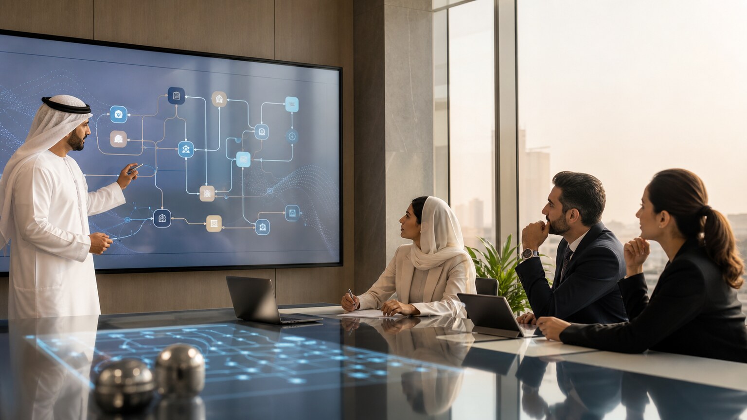 فريق إداري يراجع خطة تنفيذ الذكاء الاصطناعي للشركات داخل سير عمل واضح