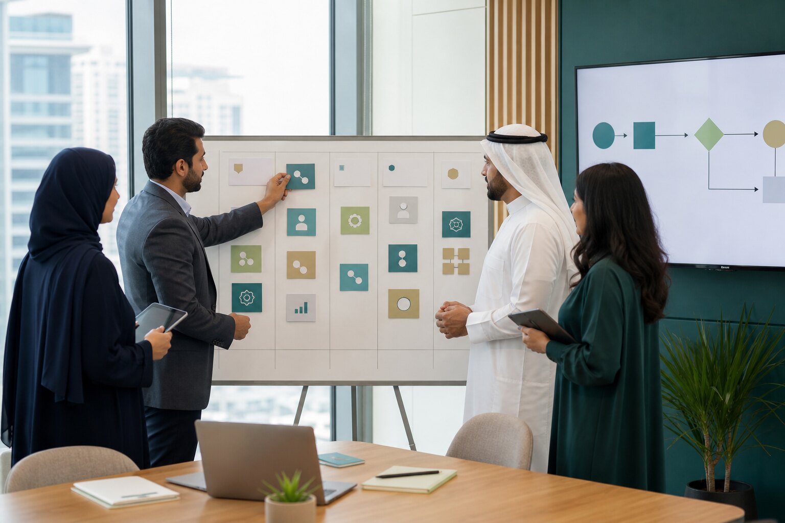 فريق إداري يقيّم حالات استخدام الذكاء الاصطناعي على لوحة عمل واضحة داخل شركة خليجية